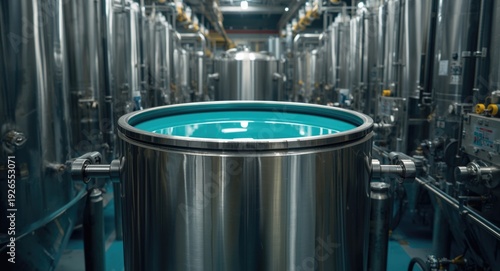 Large stainless steel container with turquoise liquid in an industrial environment for paint manufacturing with tanks in view