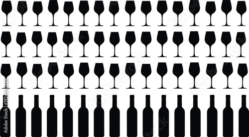 Wine glass and bottle silhouette set arranged in rows isolated on white background for bar menu design, restaurant branding and beverage alcohol concept