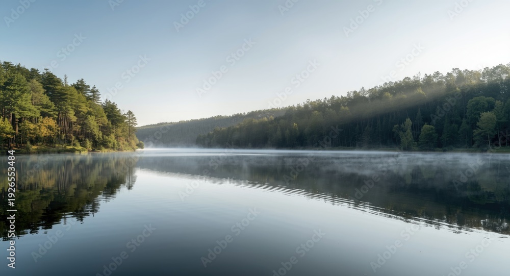 Obraz premium Peaceful lake capturing detailed reflections of dense tree line