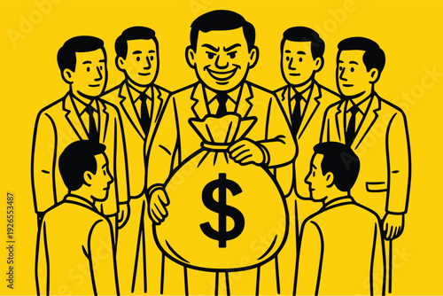 A stylized vector design of a man clutching a money bag with allies around him, representing dishonesty, control, and corruption themes.