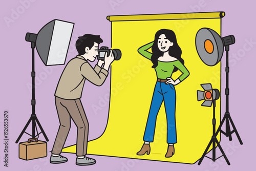 A vector illustration of a male photographer capturing a photoshoot with a female model, expressing creativity, style, and artistic collaboration.