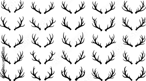 Deer antlers silhouettes, antler vector collection, hunting trophy horns, wildlife illustration, black silhouette design pack set