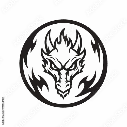 Fierce Dragon Head Emblem in Black and White Circle.