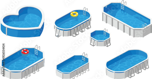 Above ground swimming pool collection illustration, outdoor backyard water pools set with ladder and float ring, summer recreation vector design