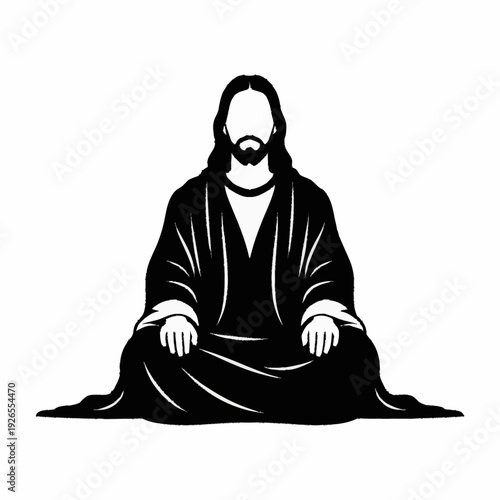 Jesus Christ Meditating Black and White Silhouette.