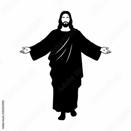 Jesus Christ silhouette with open arms, symbolizing welcome and spirituality.