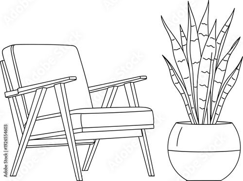 Mid century modern lounge chair with indoor snake plant illustration minimalist line art living room furniture and houseplant design vector