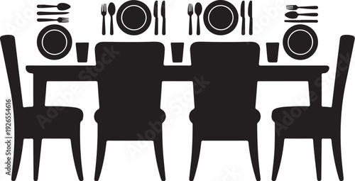 Black silhouette of table set for three people with plates and utensils