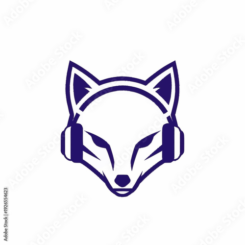 Stylized fox head wearing headphones, a modern and sleek logo design.