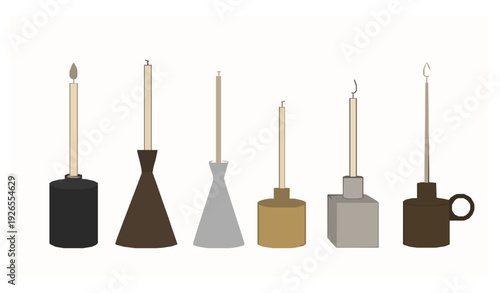 Minimalist Classic Candle Holders with Lit Candles Vector Set