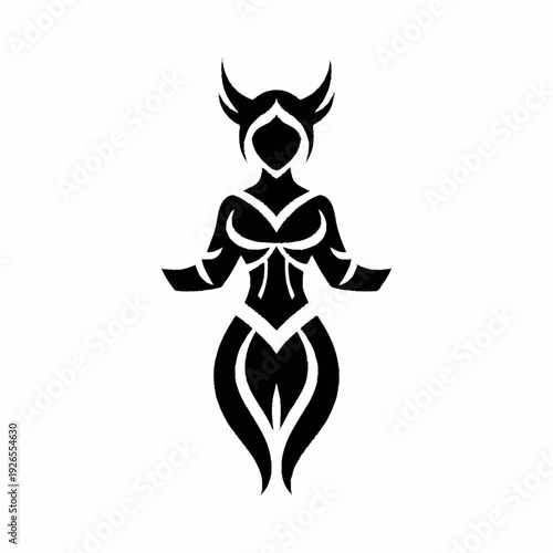 Stylized black silhouette of a horned female figure.