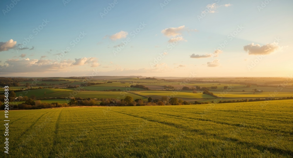 Obraz premium Gentle sunset light embracing quiet farmland views