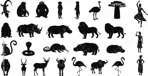 African wildlife silhouette collection, safari animals and tribal people vector set, nature illustration isolated black design elements