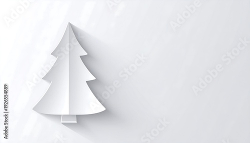 Minimalist artistic image of a white paper Christmas tree with long shadows on a white background. It's clean and bright