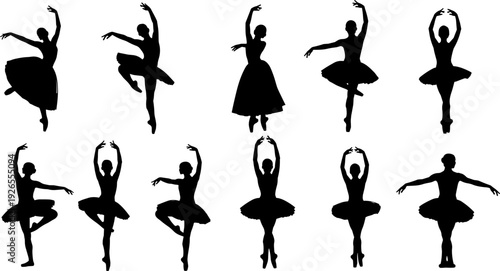 Ballet dancers silhouettes collection, ballerina dancing poses tutu classical dance vector illustration isolated design set for performance art education