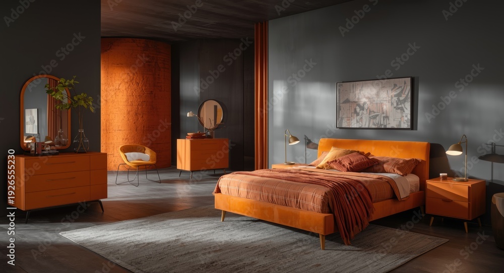 Fototapeta premium Interior of large bedroom with vivid orange brown furniture and gray painted modern walls