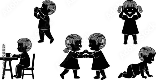 Children daily activities silhouettes collection, kids eating drinking crawling playing camera, childhood routine vector illustration isolated design set for education