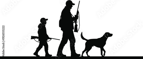 Hunter silhouette with child and dog, family hunting scene isolated on white background outdoor lifestyle illustration