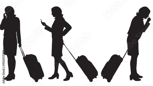 Women travelers with suitcases on the move, silhouettes with mobile phones... featuring traveler, woman, business with trip and journey elements for luggage, suitcase projects, clean composition on