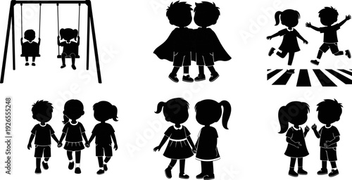 Children friendship silhouettes collection, kids playing hugging walking crossing street vector illustration isolated design set for school childhood theme
