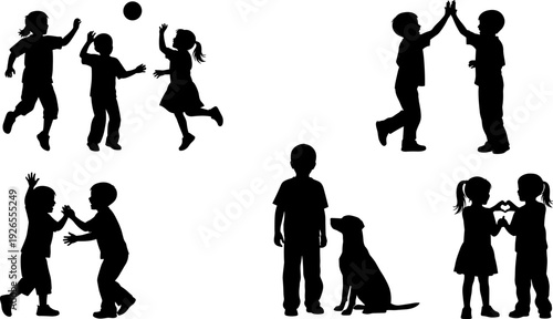 Children friendship silhouettes collection, kids playing high five with dog vector illustration isolated design set theme