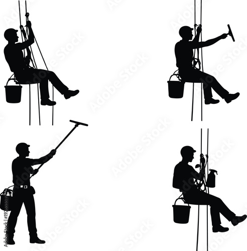 Industrial rope access worker silhouette, professional window cleaner using safety harness, high rise building maintenance, construction service vector illustration