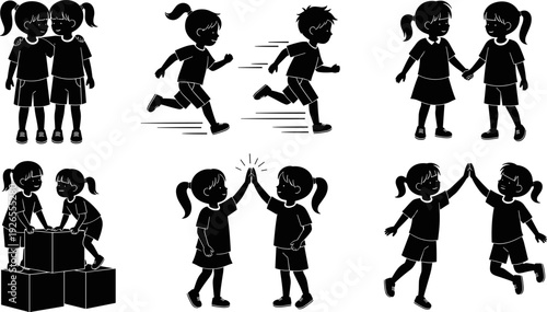 Children friendship silhouettes collection, kids running high five teamwork vector illustration isolated design set for school activity