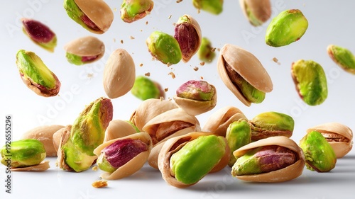 Fresh pistachios dropping, shells and vibrant green nuts in dynamic composition, ingredient natural healthy snack