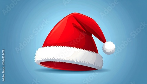 A vibrant red, fluffy-trimmed hat with a white pom-pom, set against a soft, light blue gradient. A festive holiday accessory