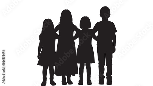 Children silhouette group standing together with arms around shoulders, boy and girls in black solid shape isolated on white background, family friendship concept