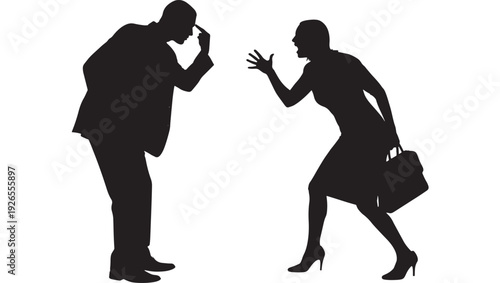 Silhouettes business man and woman arguing in confrontation with pointing gestures, workplace conflict concept, stressed communication and relationship dispute isolated
