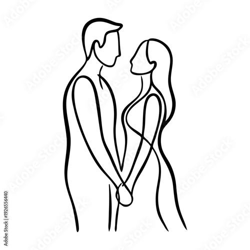 Día de San Valentín. Dibujo sencillo con línea continua de una pareja enamorada cogidos de la mano 