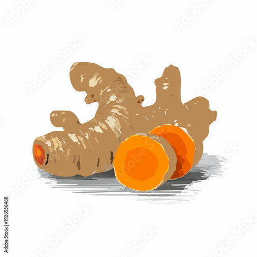 Fresh turmeric root sliced to reveal vibrant orange interior on a clean surface from a close-up viewpoint