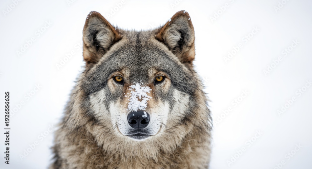 Obraz premium Portrait of gray wolf with snowflakes on muzzle set on blank white background