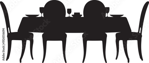 Black silhouette of two people sitting at a table with dishes and wine glasses