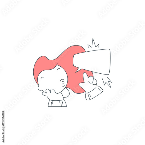 A woman gets an idea for smart shopping. A hand points to a speech bubble with a tip. A vector illustration for people seeking online advice, reviews, or recommendations for purchases