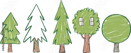 Hand-drawn tree vector illustration set with evergreen, round foliage, outline sketch, creative nature design for landscape, garden, and educational art