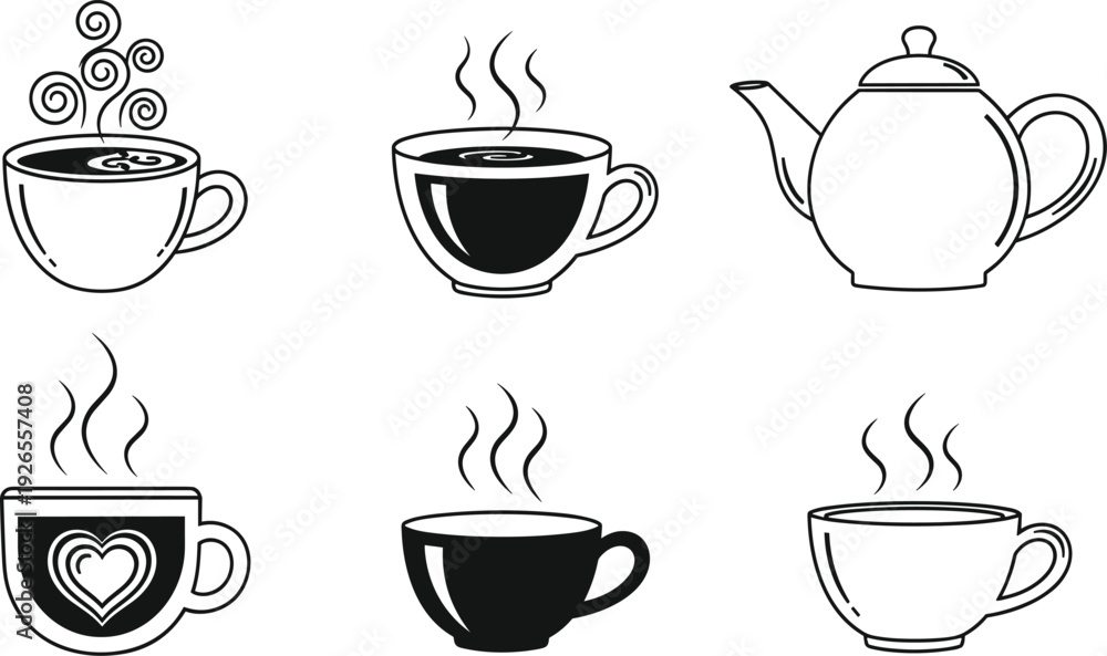 Obraz premium Coffee Cup and Teapot Line Icon Set Hot Drink Mug Collection Minimal Black and White Beverage Vector Illustration