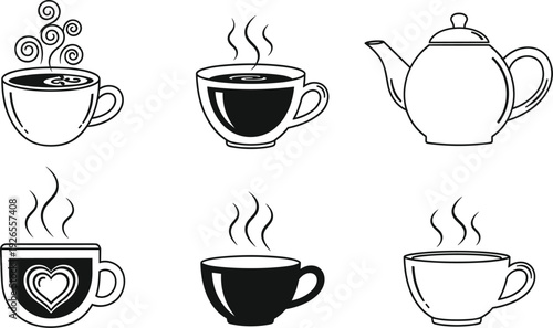 Coffee Cup and Teapot Line Icon Set Hot Drink Mug Collection Minimal Black and White Beverage Vector Illustration