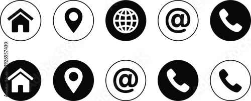 Minimalist contact and navigation icon set featuring home, location, globe, email, phone symbols, vector design for communication, interface projects