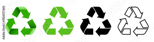 Recycling Icon Set – Green and Black Solid, 3D and Outline Eco icons Isolated on White Background