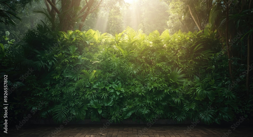 Obraz premium Sunlight creating glowing highlights on a misty rainforest plant wall scene