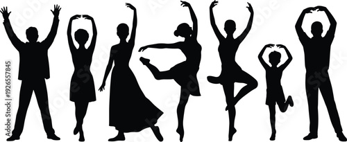 Silhouette dancers in diverse ballet and modern poses, children and adults celebrating graceful movement, artistic dance illustration for creative design projects