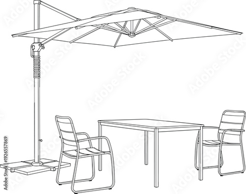 Outdoor patio furniture vector illustration with cantilever umbrella table and chairs line art garden seating set minimal terrace design drawing