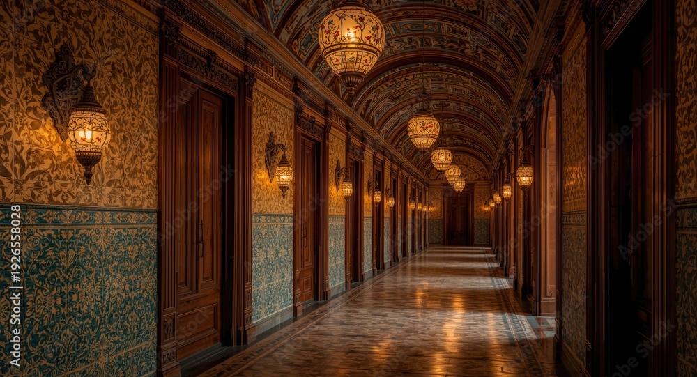Obraz premium Ornate corridor featuring complex tile work illuminated by decorative hanging lamps in vivid design