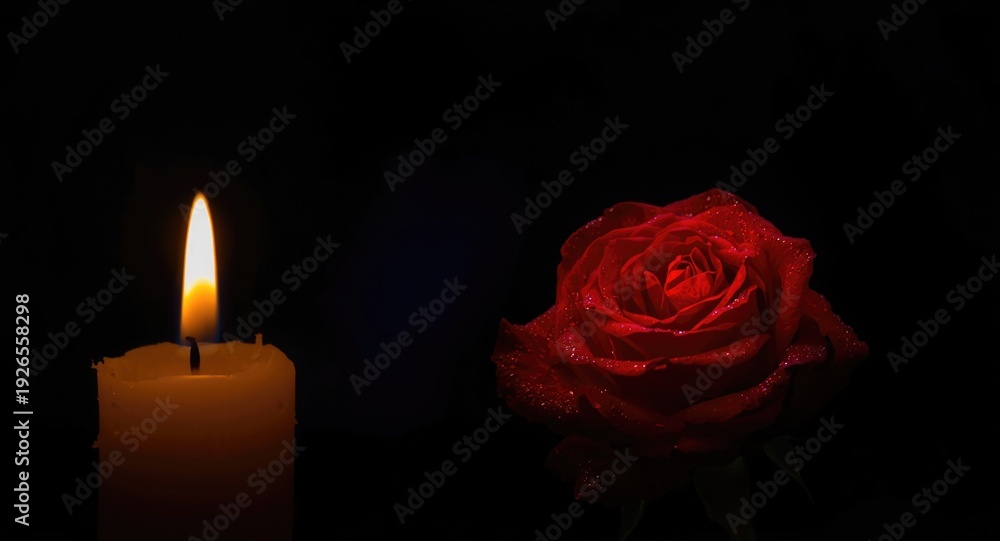 Fototapeta premium Illuminated Candlelight and a Brilliant Scarlet Rose Against a Dark Gentle Shadow Background