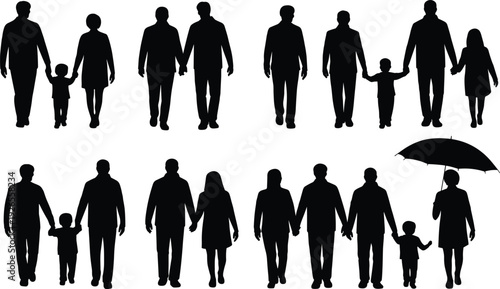 Silhouette illustration of diverse families, couples, and parents with children, walking together, holding hands, community unity, inclusivity concept