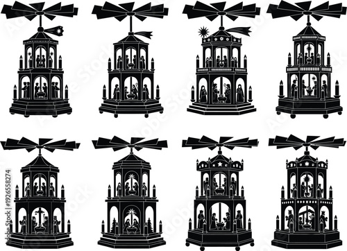 A collection of intricate black and white silhouette illustrations of traditional German Christmas pyramids (Pyramiden), showcasing nativity scenes and angelic figures.