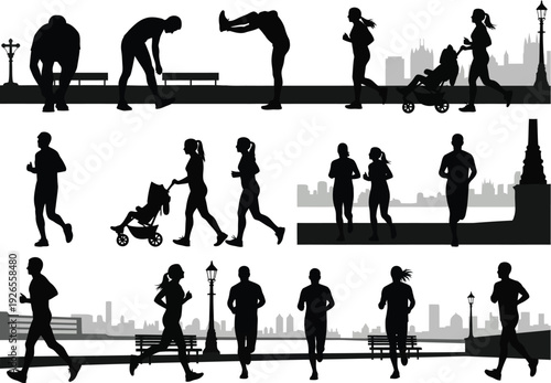 Monochrome silhouettes of people engaged in various outdoor activities like running, stretching, and pushing strollers, set against urban cityscapes and park scenes.