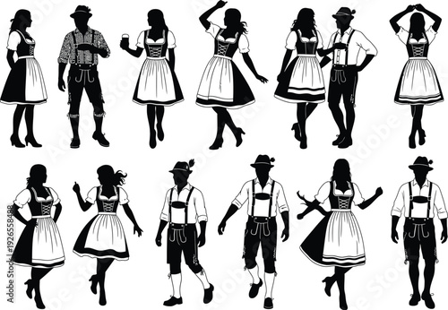 Set of black and white illustrations featuring people in traditional Bavarian clothing, including women in Dirndls and men in Lederhosen, in various poses and activities.